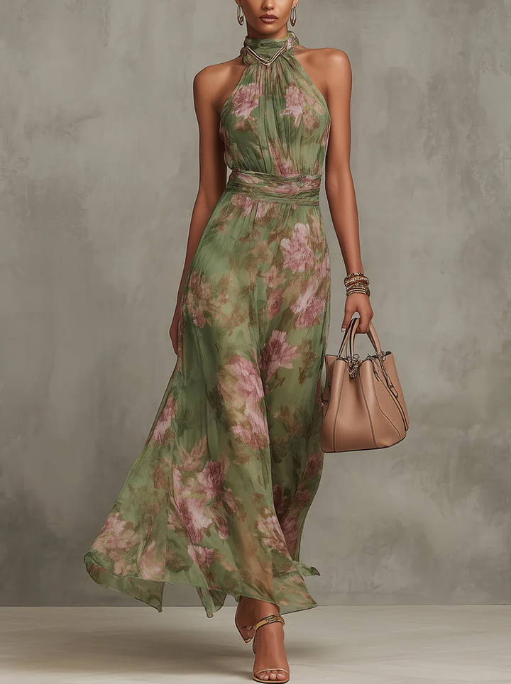 Elegantes Maxikleid mit Halfter-Ausschnitt und Blumenmuster