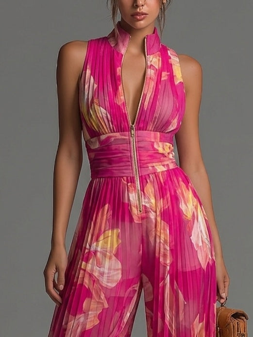 Plissierter Palazzo-Jumpsuit in Pink mit floralem Print