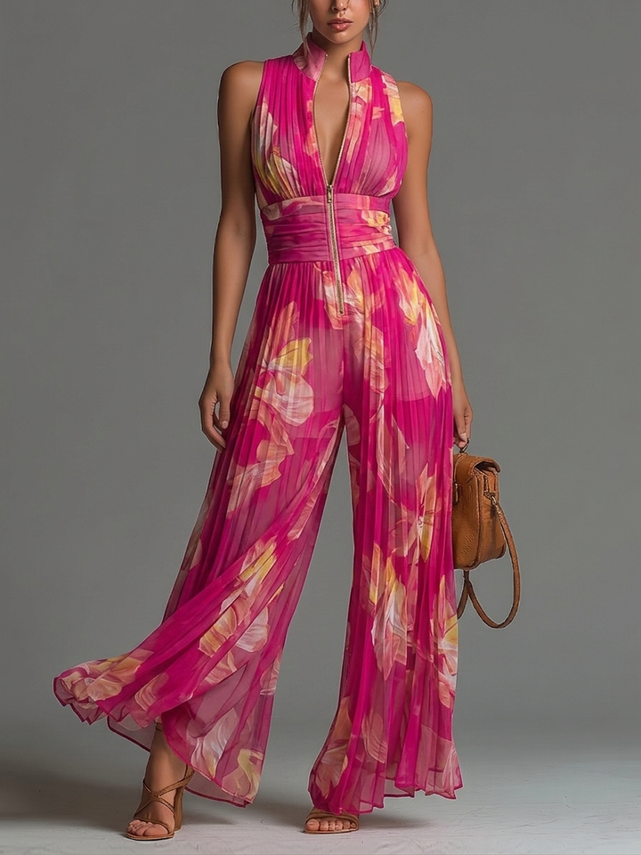 Plissierter Palazzo-Jumpsuit in Pink mit floralem Print