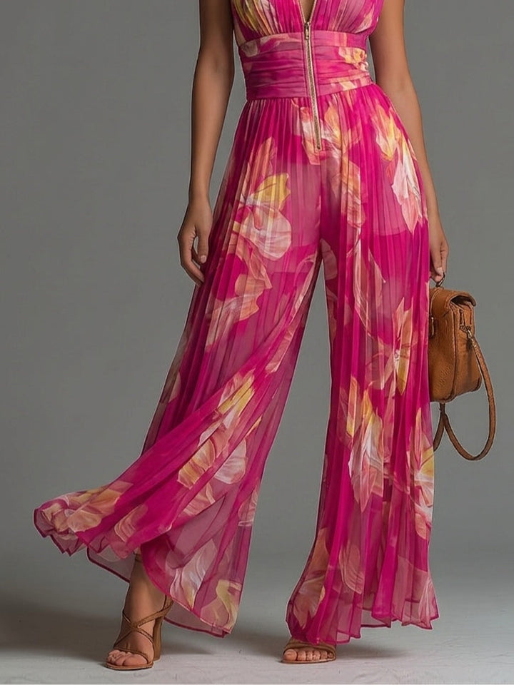 Plissierter Palazzo-Jumpsuit in Pink mit floralem Print