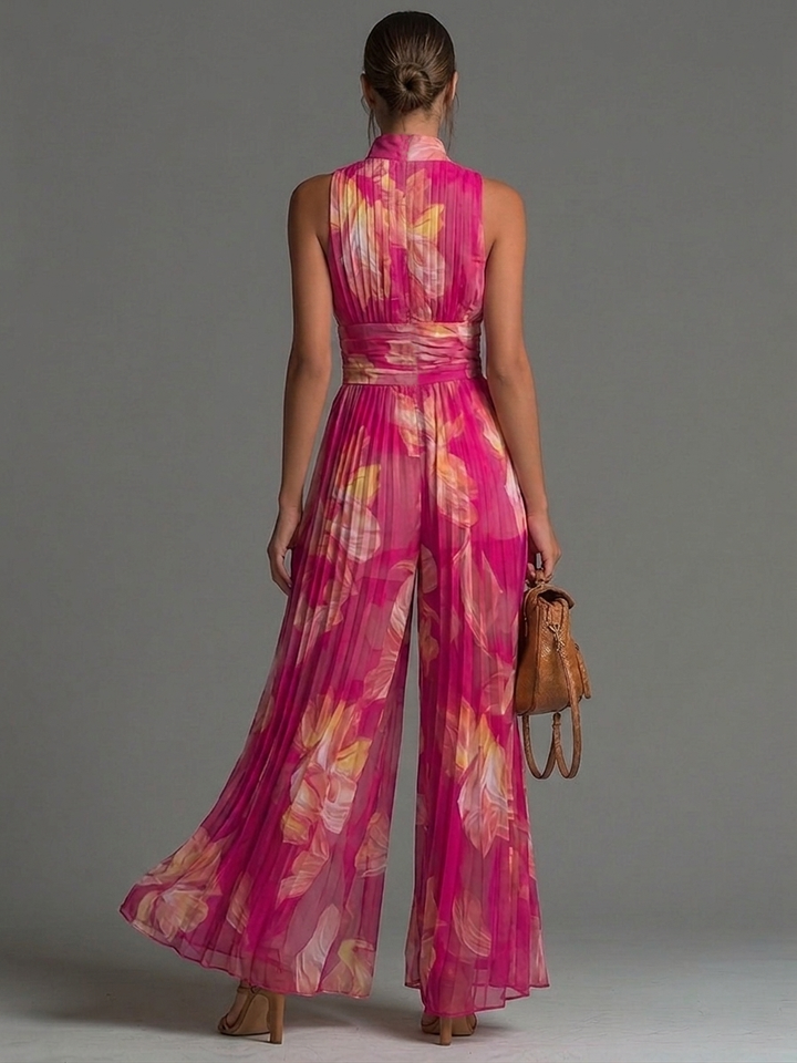 Plissierter Palazzo-Jumpsuit in Pink mit floralem Print
