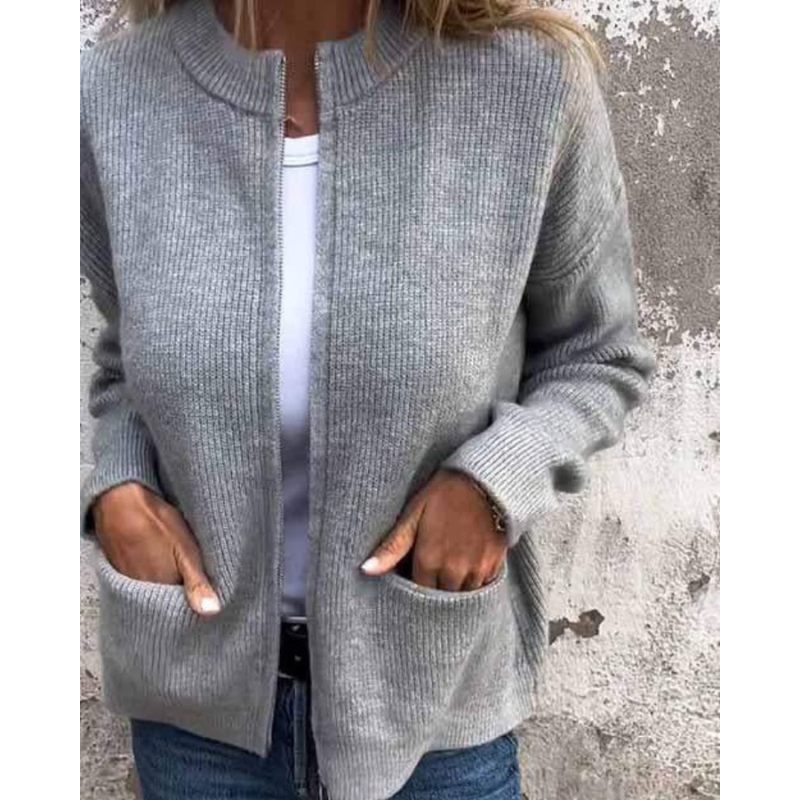 Grauer Strick-Cardigan mit Reißverschluss