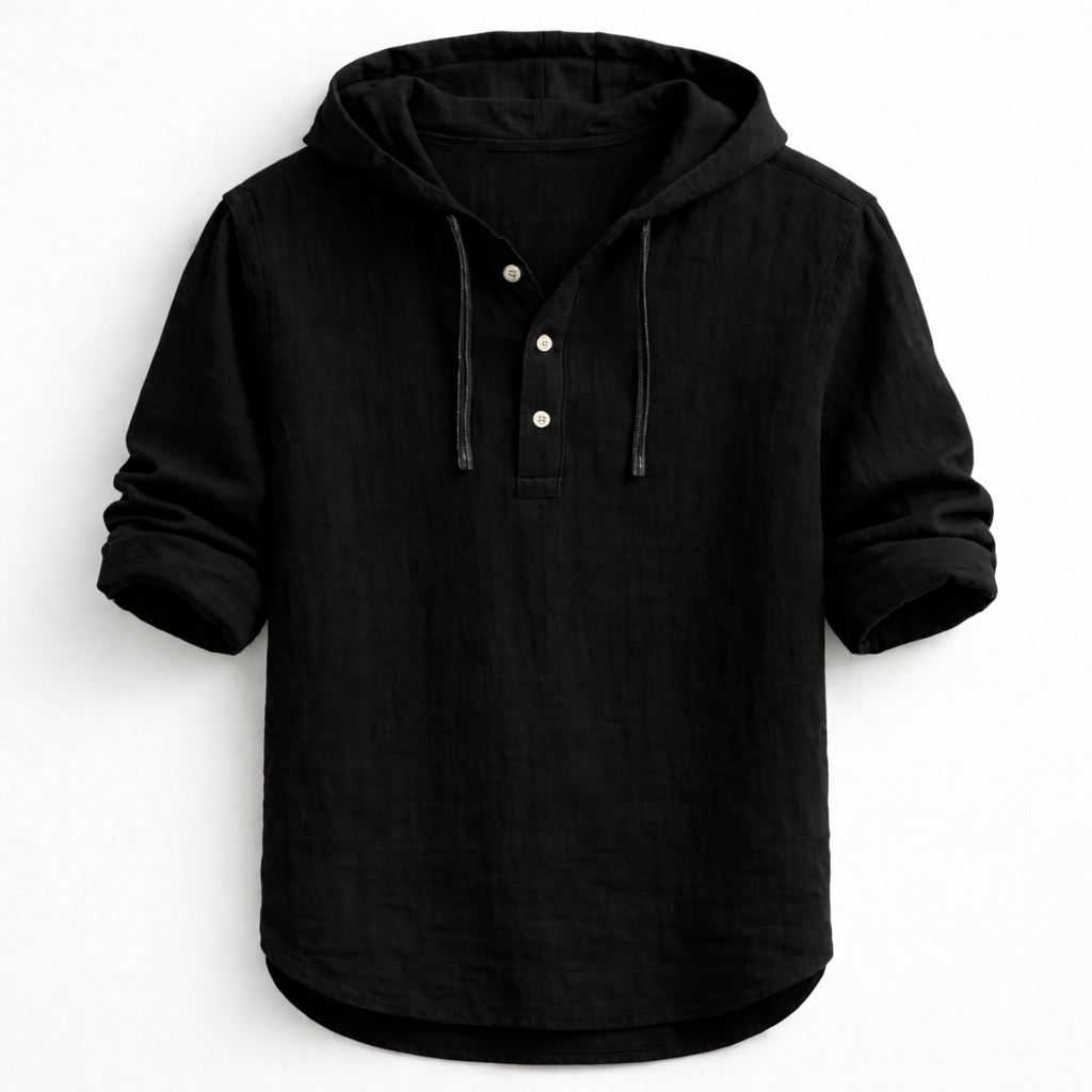 Schwarzes Kapuzenhemd mit Henley-Knopfleiste