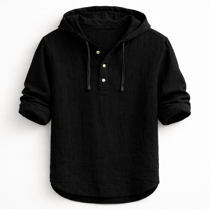 Schwarzes Kapuzenhemd mit Henley-Knopfleiste