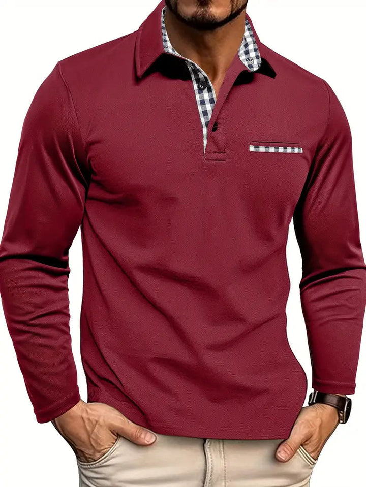 Graues Langarm-Poloshirt mit Karomuster-Details