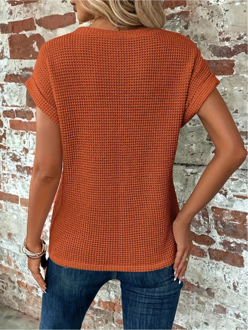 Blaues Waffelstrick-Damen-Shirt mit Knotendetail