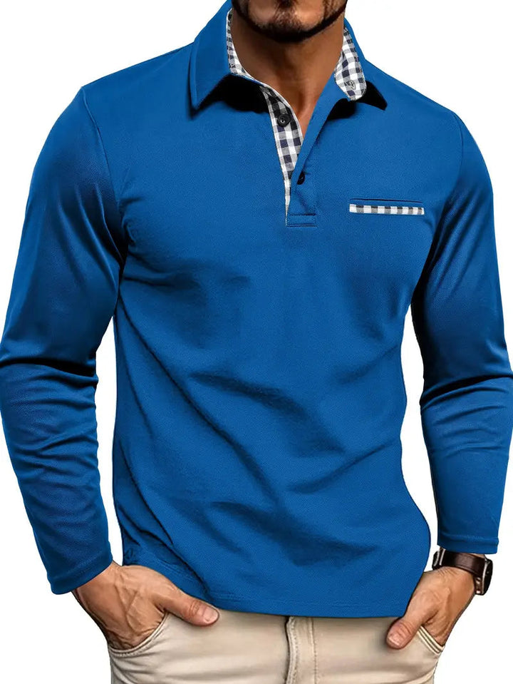 Graues Langarm-Poloshirt mit Karomuster-Details