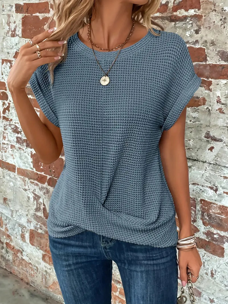 Blaues Waffelstrick-Damen-Shirt mit Knotendetail