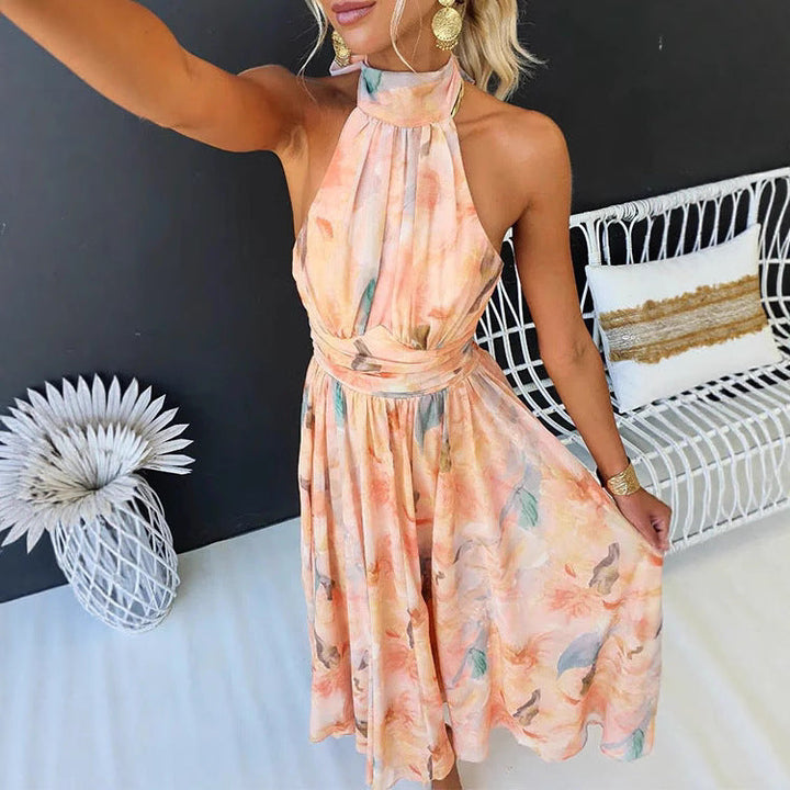 Elegantes Maxikleid mit Halfter-Ausschnitt und Print in Orange/Blau