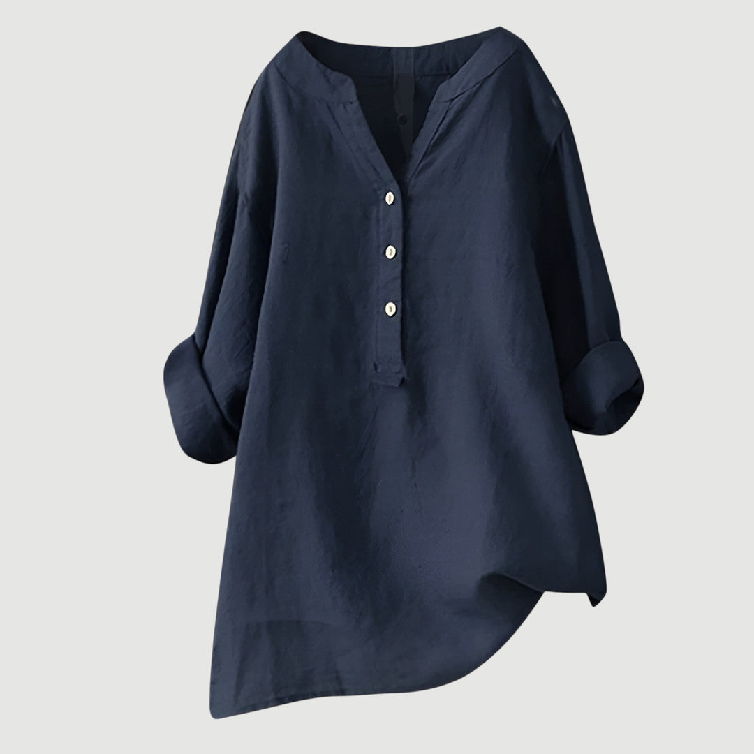 Schwarze Damen-Leinenbluse mit V-Ausschnitt und Knopfleiste