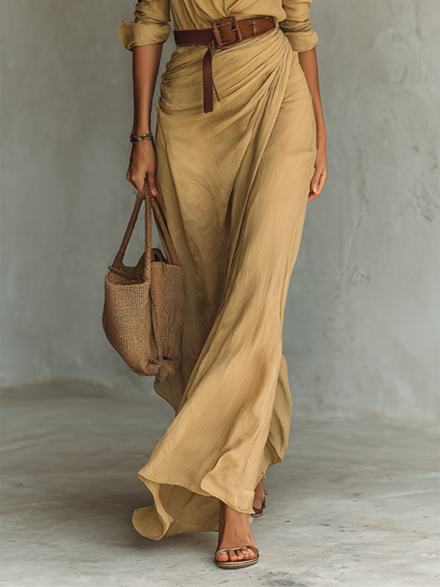 Elegantes Maxikleid im Hemdblusen-Stil in Beige