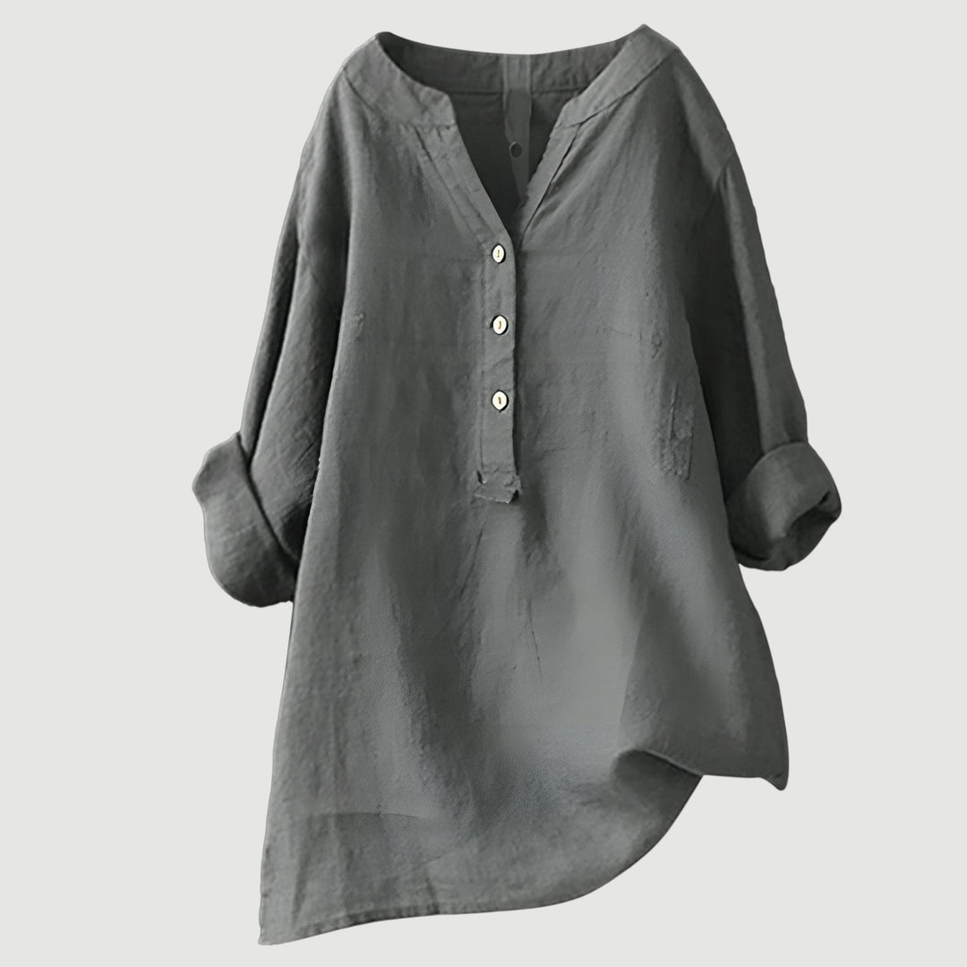 Schwarze Damen-Leinenbluse mit V-Ausschnitt und Knopfleiste