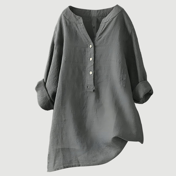 Schwarze Damen-Leinenbluse mit V-Ausschnitt und Knopfleiste