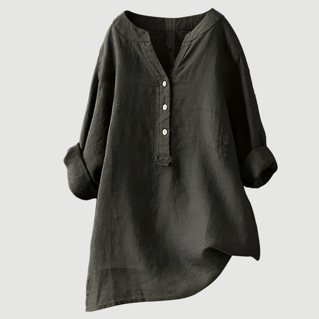Schwarze Damen-Leinenbluse mit V-Ausschnitt und Knopfleiste