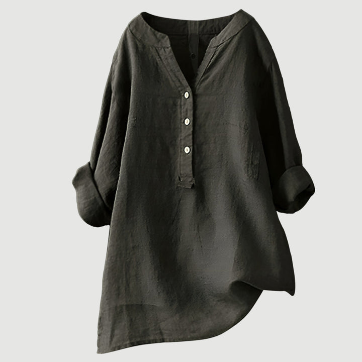 Schwarze Damen-Leinenbluse mit V-Ausschnitt und Knopfleiste