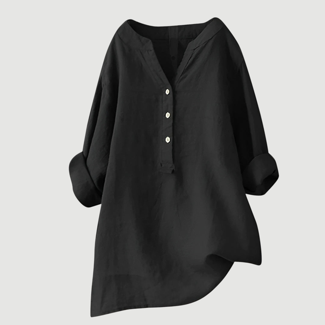 Schwarze Damen-Leinenbluse mit V-Ausschnitt und Knopfleiste