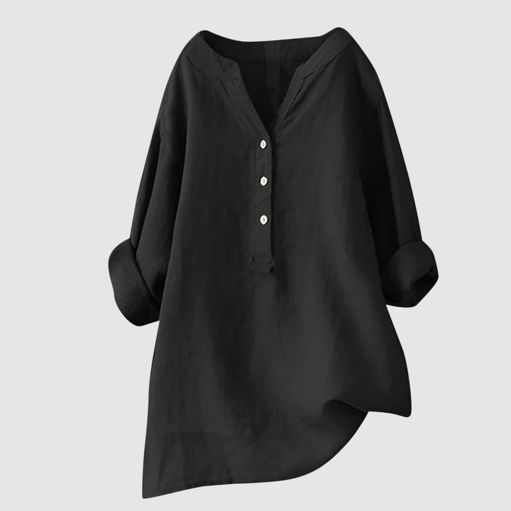 Schwarze Damen-Leinenbluse mit V-Ausschnitt und Knopfleiste