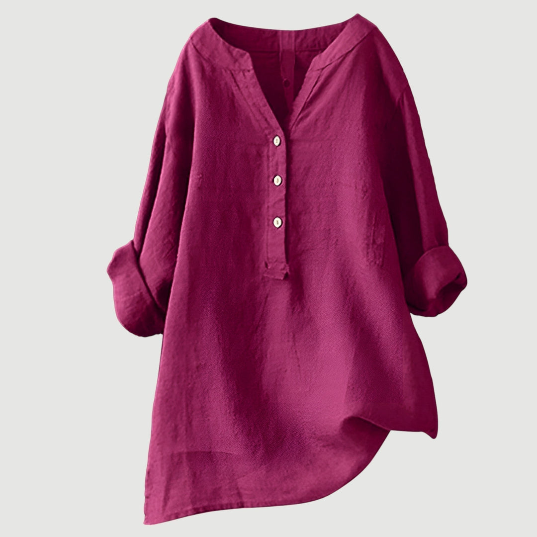 Schwarze Damen-Leinenbluse mit V-Ausschnitt und Knopfleiste