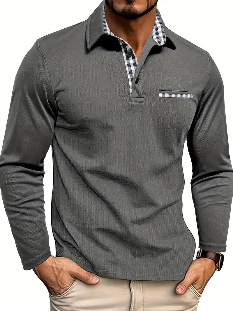 Graues Langarm-Poloshirt mit Karomuster-Details