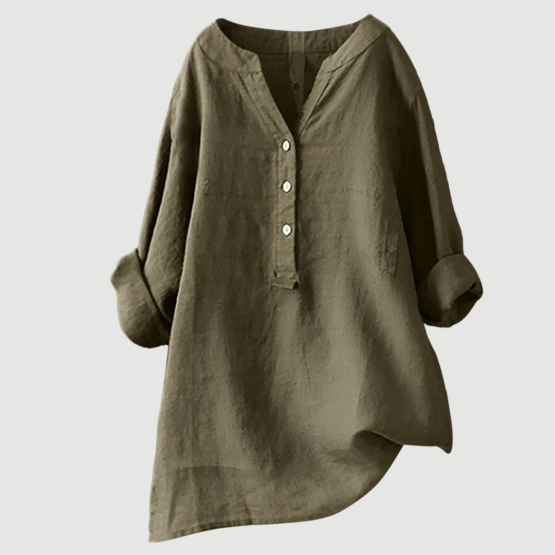 Schwarze Damen-Leinenbluse mit V-Ausschnitt und Knopfleiste
