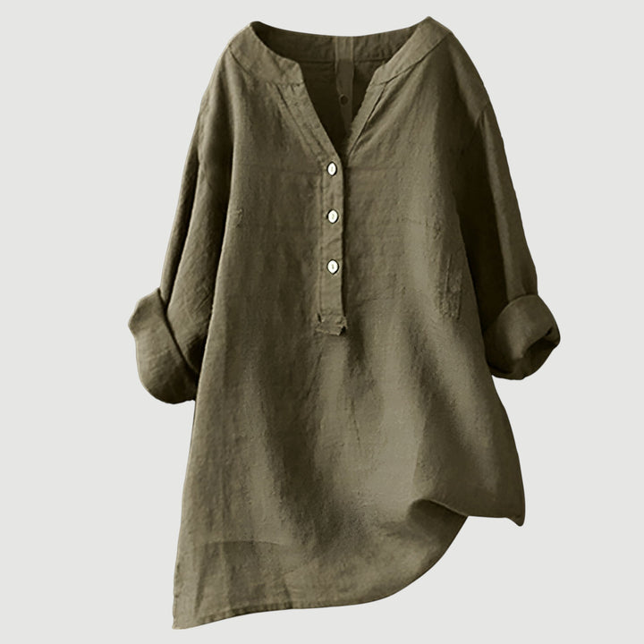 Schwarze Damen-Leinenbluse mit V-Ausschnitt und Knopfleiste