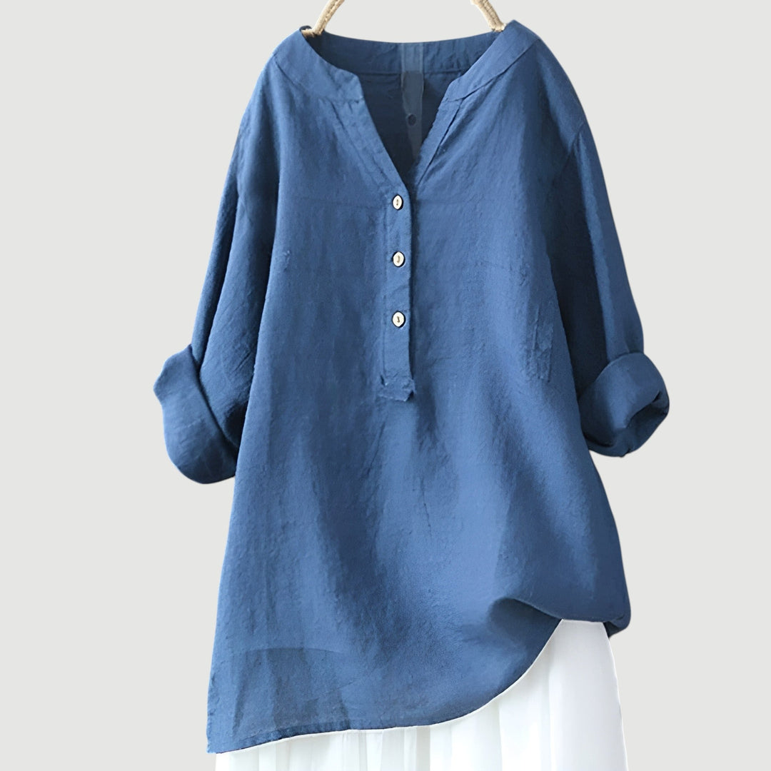 Schwarze Damen-Leinenbluse mit V-Ausschnitt und Knopfleiste