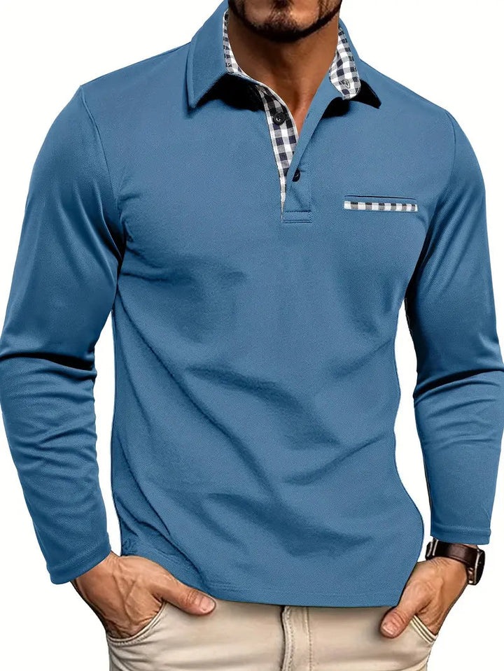 Graues Langarm-Poloshirt mit Karomuster-Details