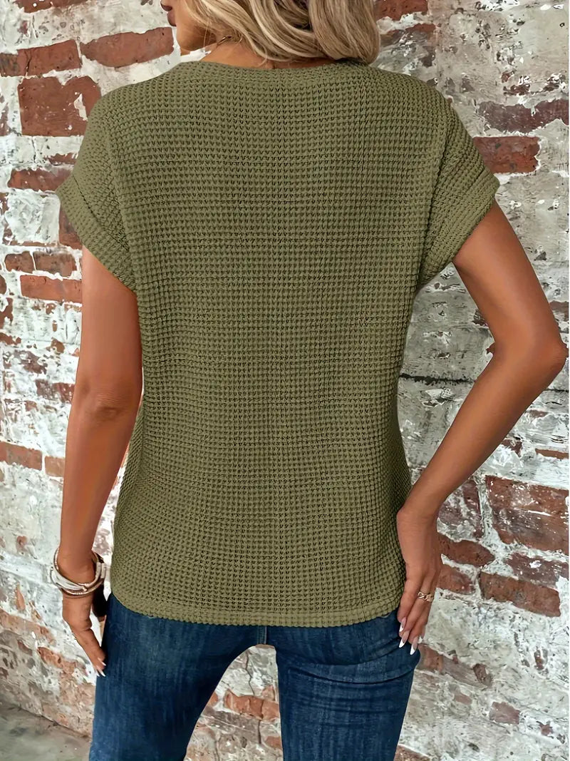 Blaues Waffelstrick-Damen-Shirt mit Knotendetail