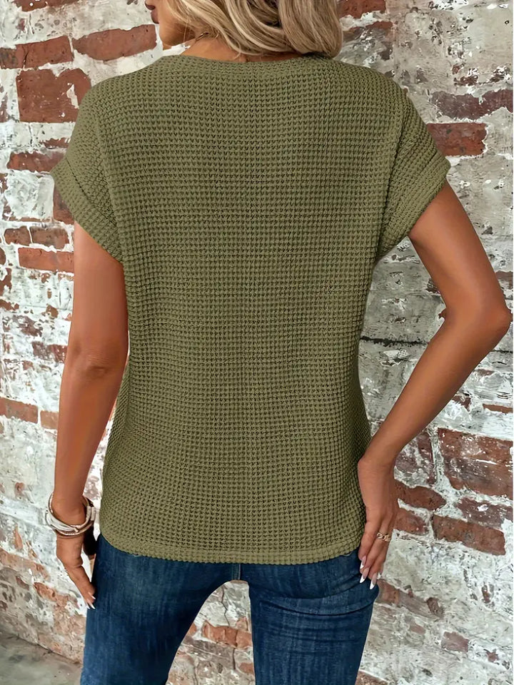 Blaues Waffelstrick-Damen-Shirt mit Knotendetail
