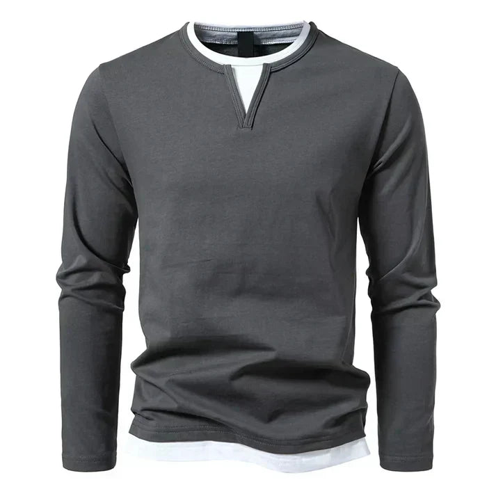 Dunkelgraues Fake-Layering Longsleeve mit V-Schlitz