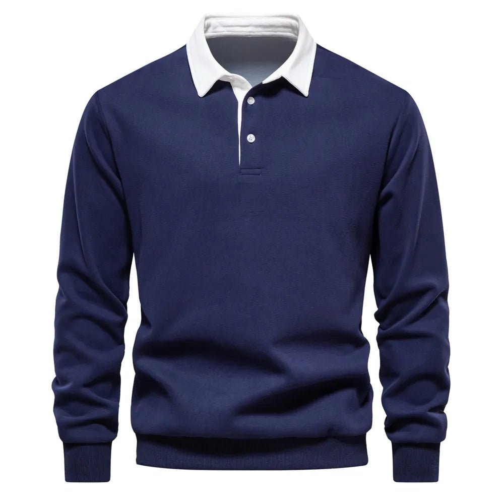 Dunkelblaues Langarm-Poloshirt mit weißem Kontrastkragen
