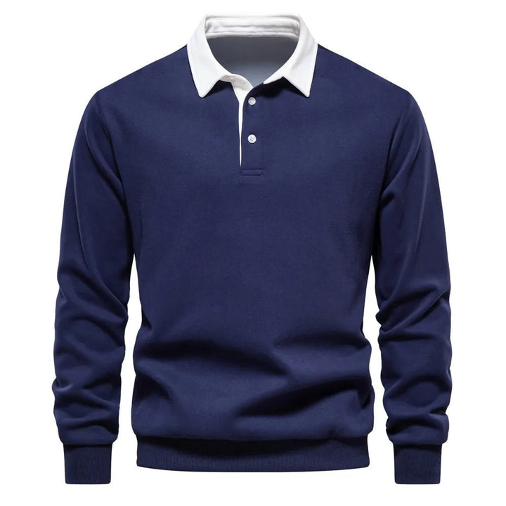 Dunkelblaues Langarm-Poloshirt mit weißem Kontrastkragen