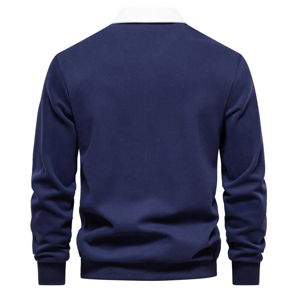 Dunkelblaues Langarm-Poloshirt mit weißem Kontrastkragen