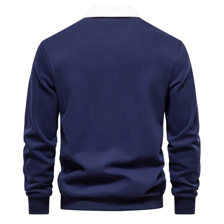 Dunkelblaues Langarm-Poloshirt mit weißem Kontrastkragen