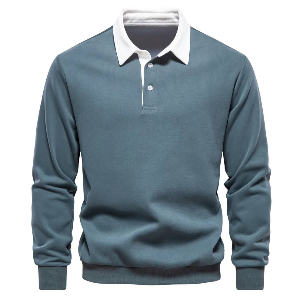 Dunkelblaues Langarm-Poloshirt mit weißem Kontrastkragen