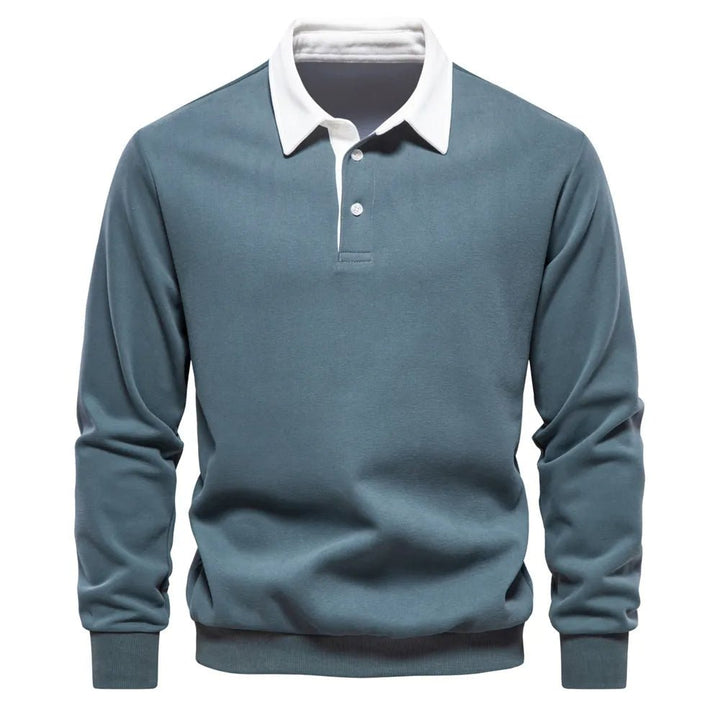 Dunkelblaues Langarm-Poloshirt mit weißem Kontrastkragen