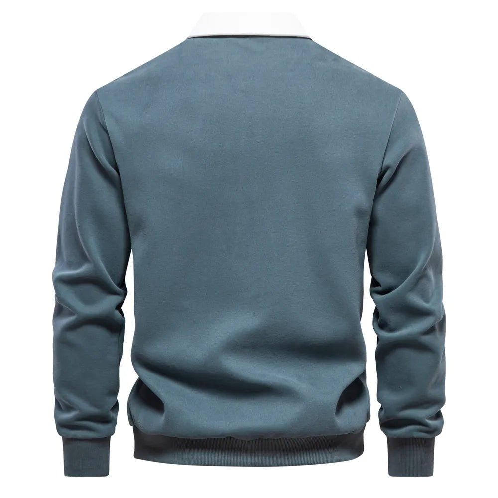 Dunkelblaues Langarm-Poloshirt mit weißem Kontrastkragen