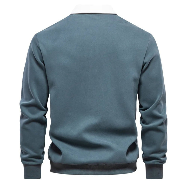 Dunkelblaues Langarm-Poloshirt mit weißem Kontrastkragen
