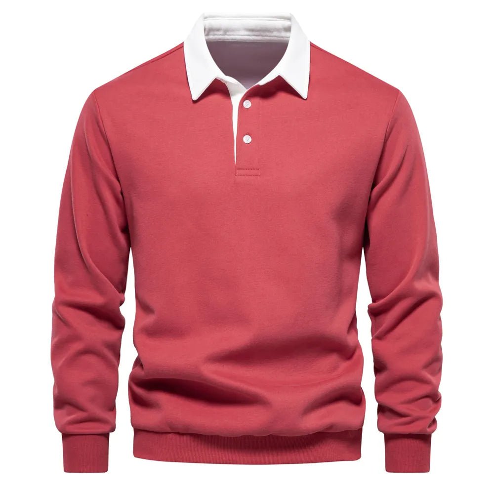 Dunkelblaues Langarm-Poloshirt mit weißem Kontrastkragen