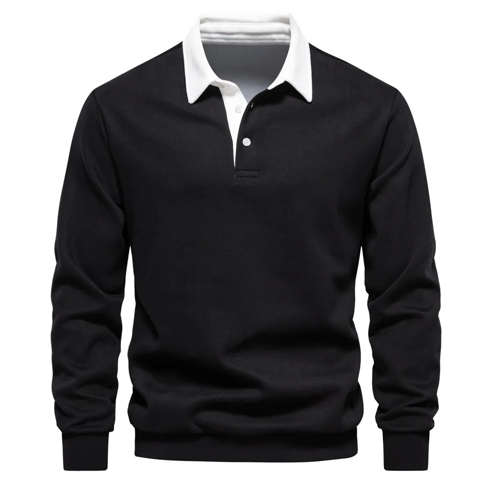 Dunkelblaues Langarm-Poloshirt mit weißem Kontrastkragen