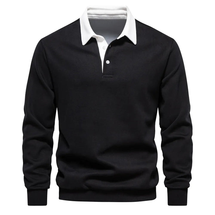 Dunkelblaues Langarm-Poloshirt mit weißem Kontrastkragen