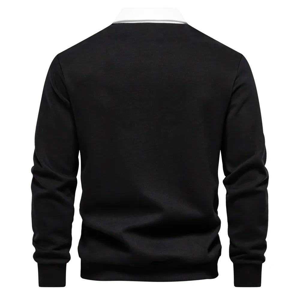 Dunkelblaues Langarm-Poloshirt mit weißem Kontrastkragen