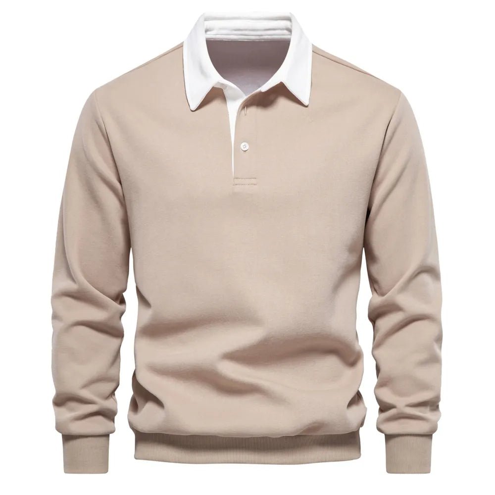 Dunkelblaues Langarm-Poloshirt mit weißem Kontrastkragen