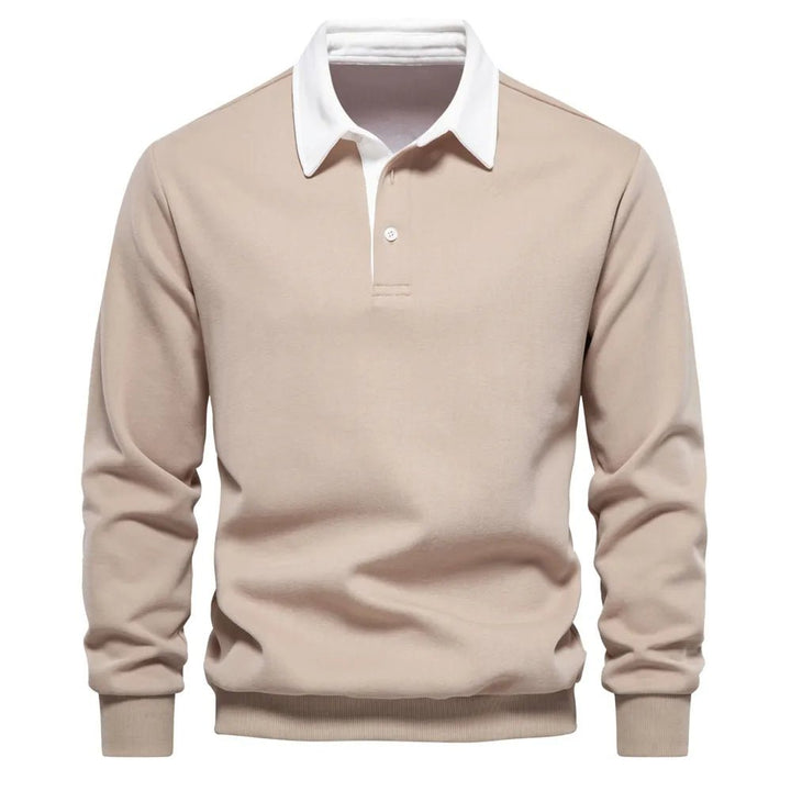 Dunkelblaues Langarm-Poloshirt mit weißem Kontrastkragen