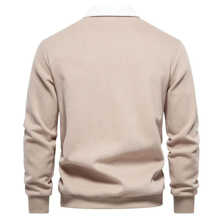 Dunkelblaues Langarm-Poloshirt mit weißem Kontrastkragen