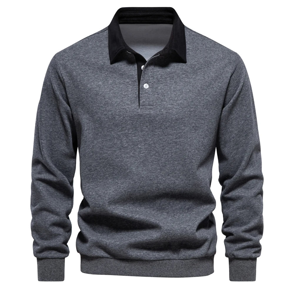 Dunkelblaues Langarm-Poloshirt mit weißem Kontrastkragen