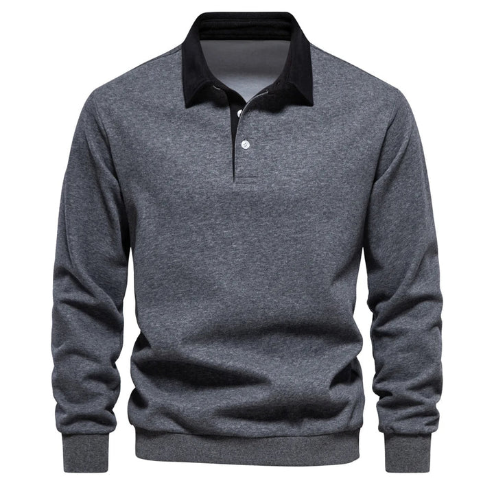 Dunkelblaues Langarm-Poloshirt mit weißem Kontrastkragen