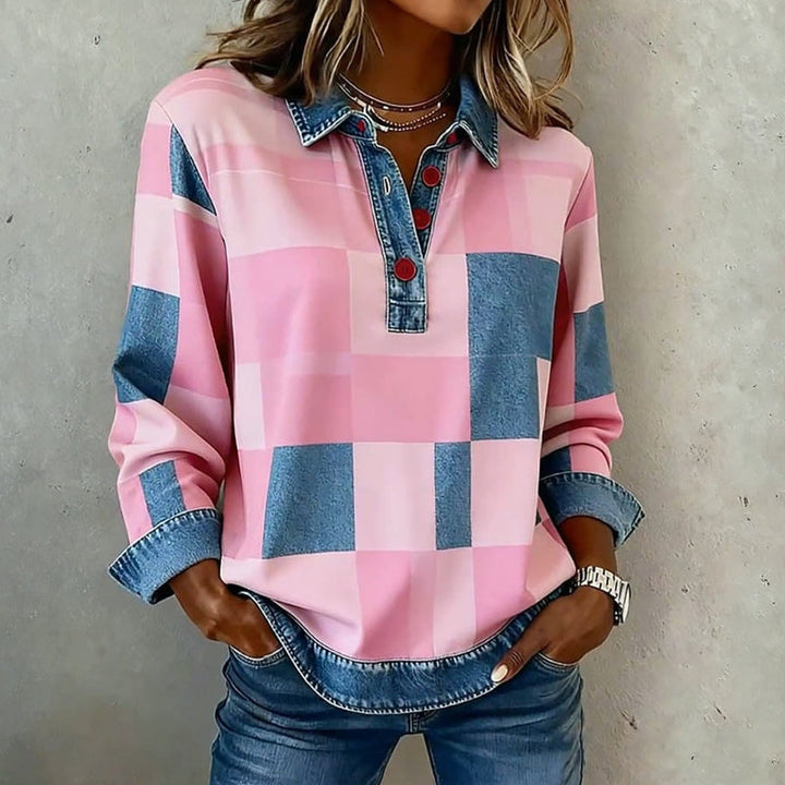 Karierte Damenbluse mit Jeans-Details in Rosa/Blau