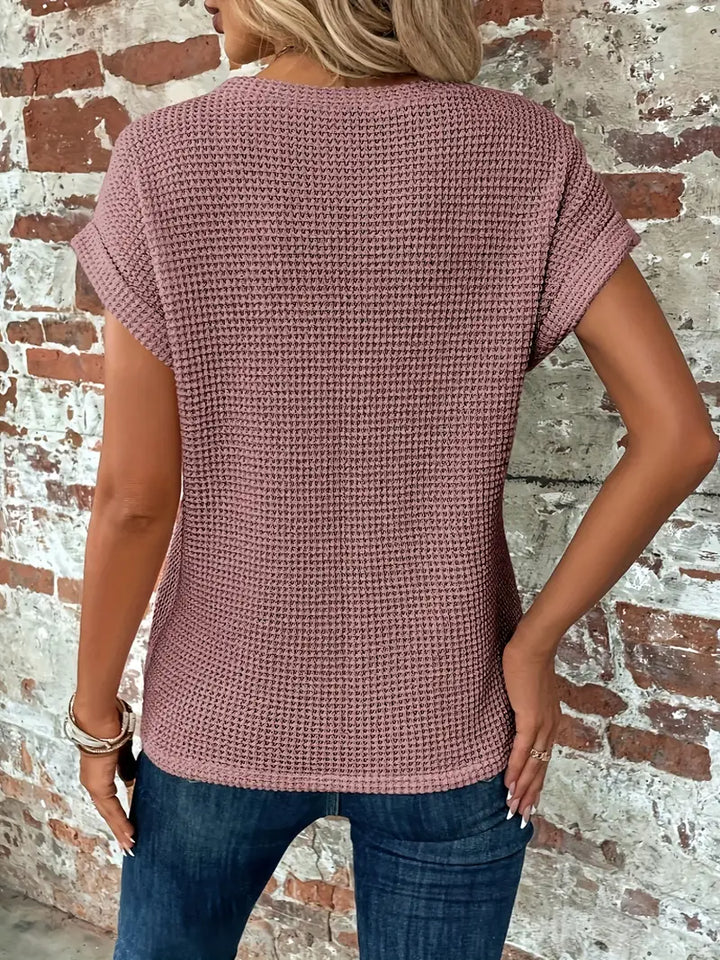 Blaues Waffelstrick-Damen-Shirt mit Knotendetail