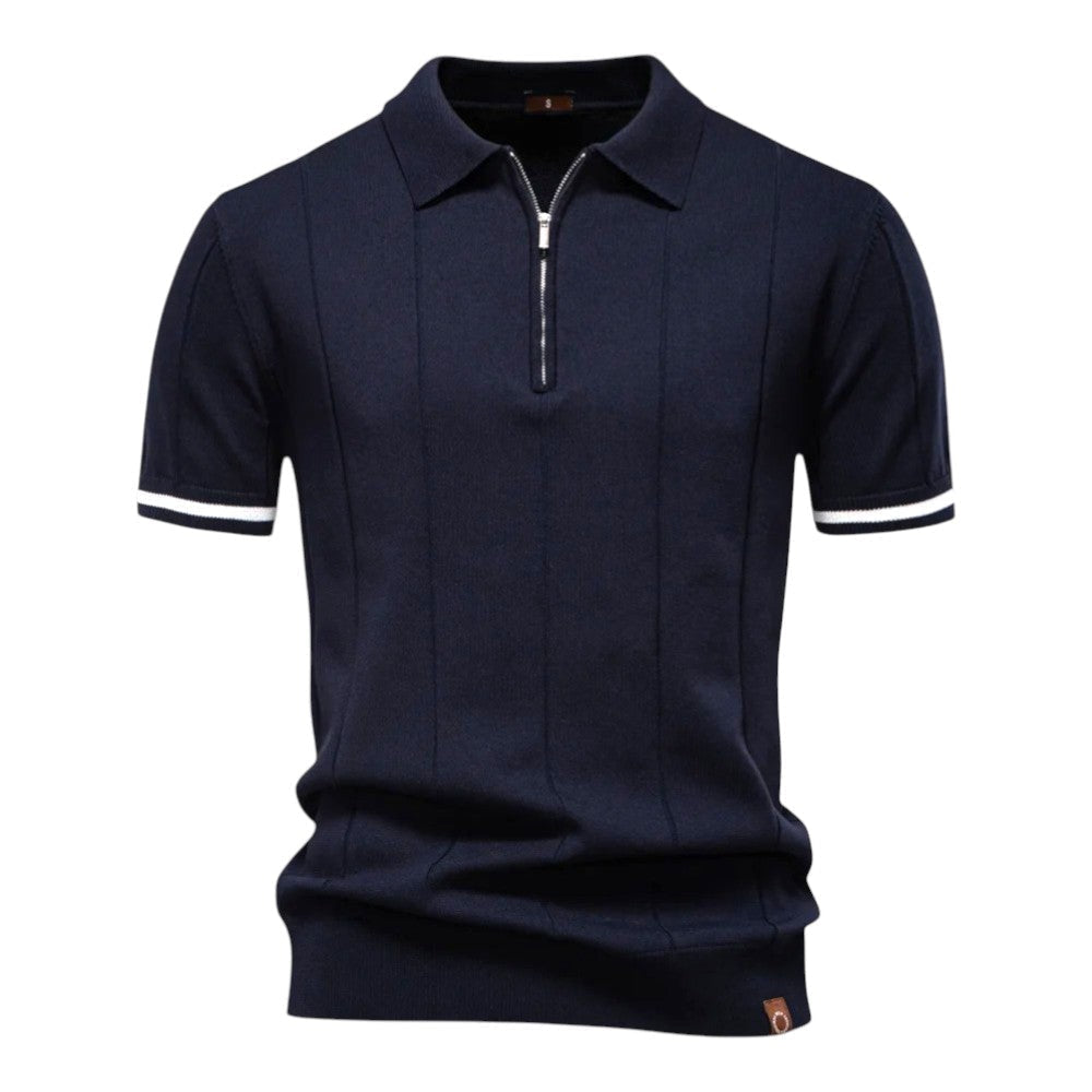 Dunkelblaues Strick-Poloshirt mit Reißverschluss und Kontraststreifen